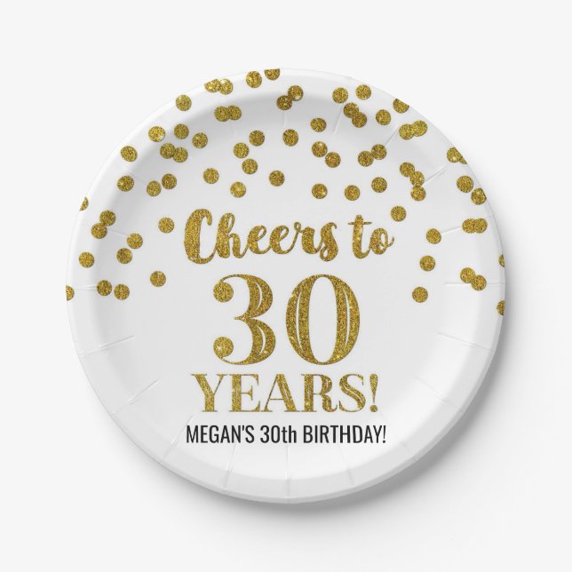 Gold Confetti Cheers to 30 Years Birthday Paper Plate (Front)