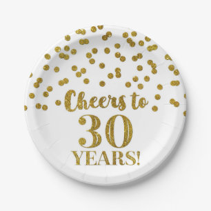 Gold Confetti Cheers to 30 Years Birthday Paper Plate