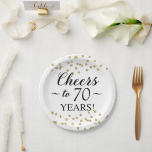 Gold Confetti Cheers to 70 Years Paper Plate