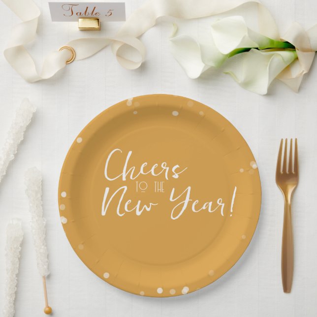 Gold Confetti Cheers to the New Year Paper Plate (Wedding)