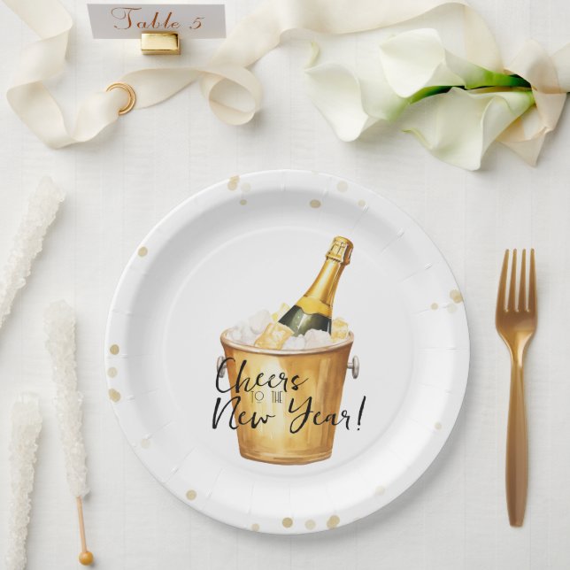 Gold Confetti Cheers to the New Year Paper Plate (Wedding)
