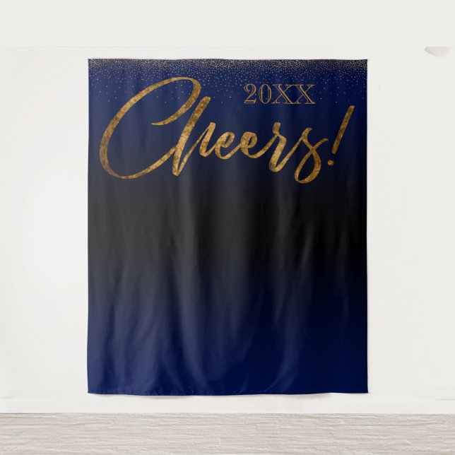 Gold Confetti "Cheers!" Year Blue Ombre Backdrop Tapestry (Front)