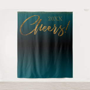 Gold Confetti "Cheers!" Year Teal Ombre Backdrop Tapestry