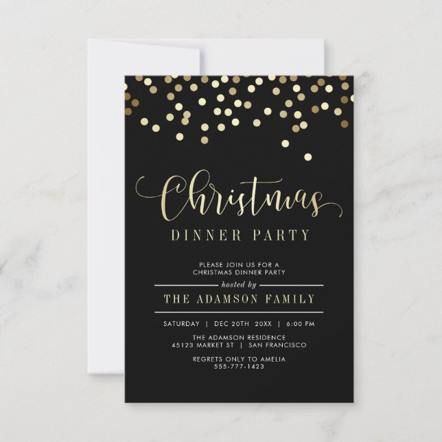 Gold Confetti Christmas Dinner Party Invitation (Front)