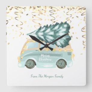 Gold Confetti,Christmas Green Truck Pine Tree Square Wall Clock