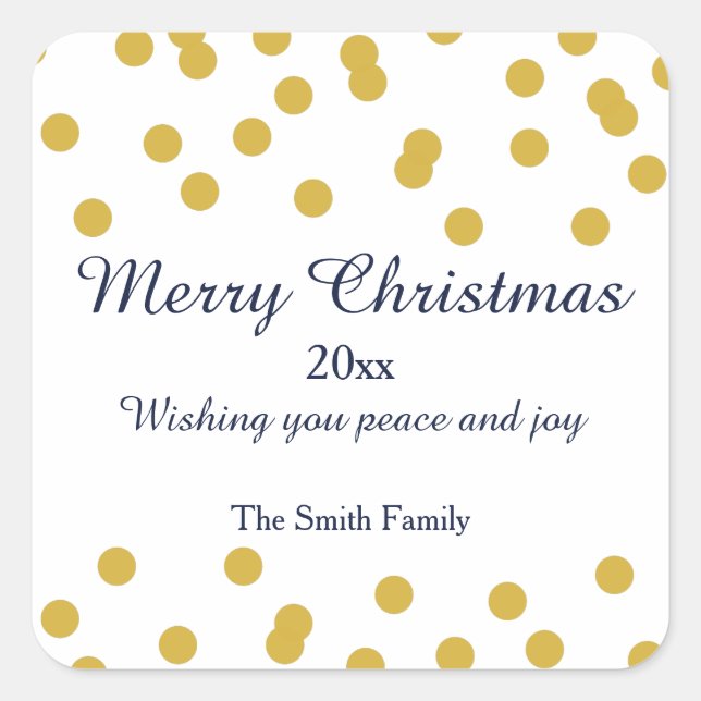 Gold Confetti Christmas Pattern with Blue Square Sticker (Front)