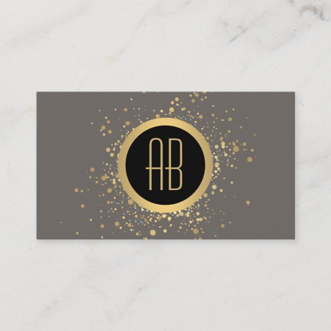 Gold Confetti Circle Monogram Grey Business Card (Front)