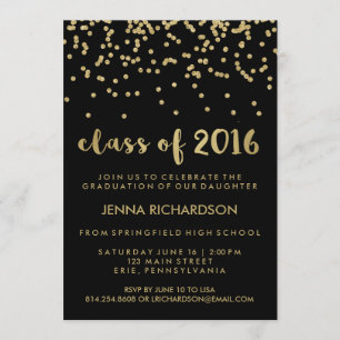 Gold Confetti Class of 2016 Graduation Party Black Invitation