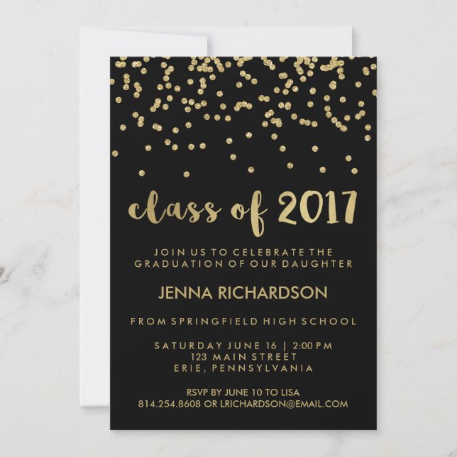 Gold Confetti Class of 2017 Graduation Party Black Invitation (Front)