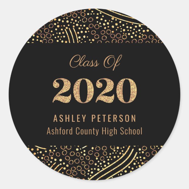 Gold Confetti Class of 2020 Black Graduation Party Classic Round Sticker (Front)