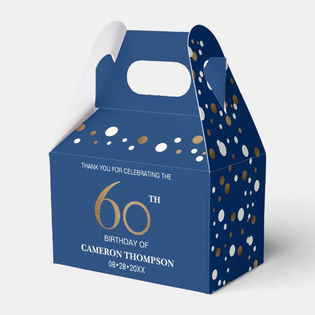 Gold Confetti Dark blue 60th birthday Custom  Favor Box (Back Side)