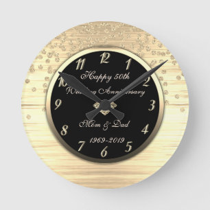 Gold Confetti Diamond  50th Wedding Anniversary Round Clock