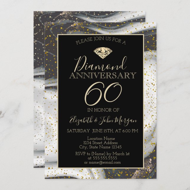 Gold Confetti Diamond Marble  Wedding Anniversary Invitation (Front/Back)