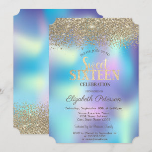 Gold Confetti Diamonds Blue Holographic Sweet 16 Invitation