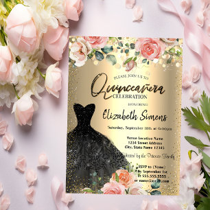 Gold Confetti Dots,Black Dress Roses Quinceañera Invitation