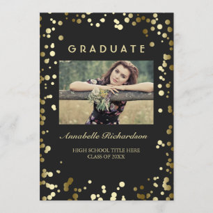 Gold Confetti Dots Black Elegant Photo Graduation Invitation
