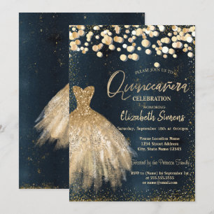 Gold Confetti Dots,Dress Dark Blue Quinceañera  Invitation