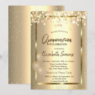 Gold Confetti Dots Frame Balloons Quinceañera Invitation