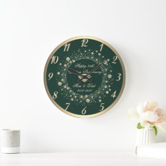 Gold Confetti Dots Green 25th Wedding Anniversary Large Clock