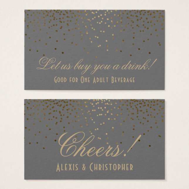 Gold Confetti Dots Grey Wedding Drink Tickets (Front & Back)