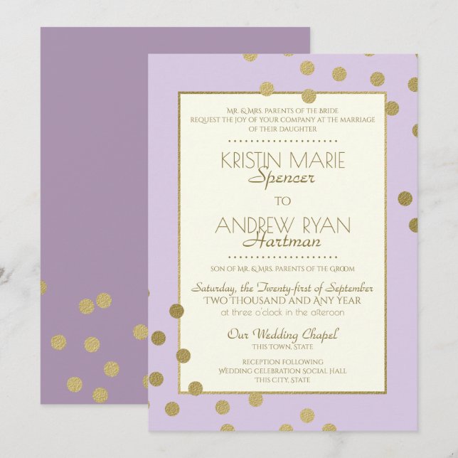 Gold Confetti Dots Lavender Celebration Wedding Invitation (Front/Back)
