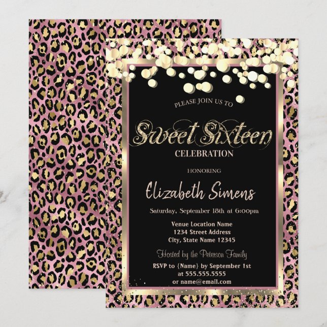 Gold Confetti Dots Leopard Print Sweet 16 Invitation (Front/Back)