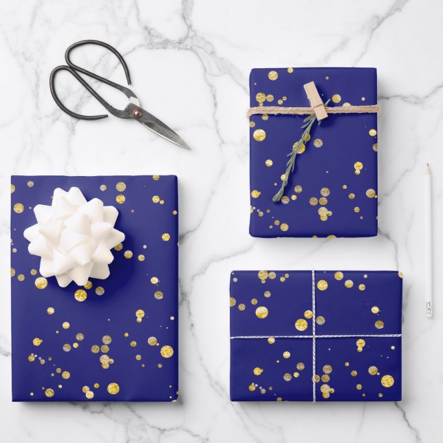 Gold Confetti Dots Midnight Blue  Wrapping Paper Sheet (Front)