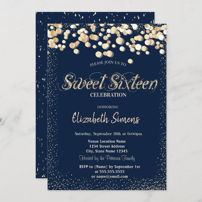 Gold Confetti Dots Navy Blue Sweet 16 Invitation (Front/Back)