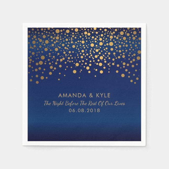 Gold Confetti Dots on Navy Blue Satin Design Napkin (Front)