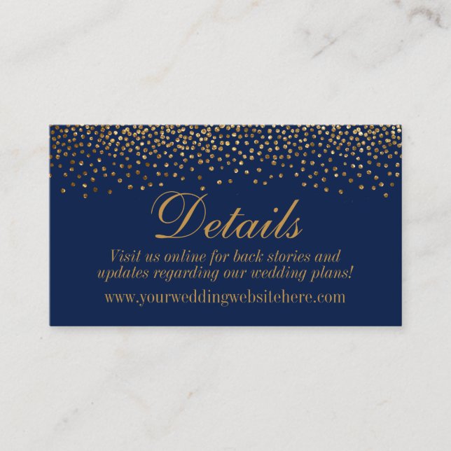 Gold Confetti Dots on Navy Wedding Details Cards (Front)