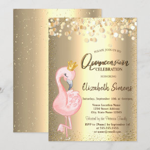 Gold Confetti Dots,Pink Flamingo Crown Quinceañera Invitation