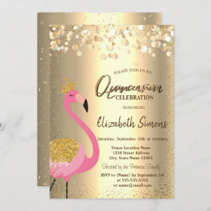 Gold Confetti Dots,Pink Flamingo Quinceañera Invitation