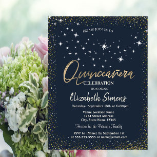 Gold Confetti Dots Stars Navy Blue Quinceañera Invitation