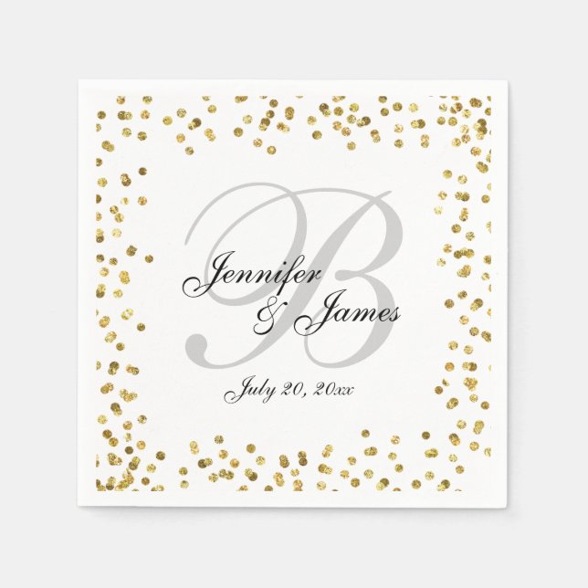 Gold Confetti Elegant Grey Monogram Wedding Napkin (Front)