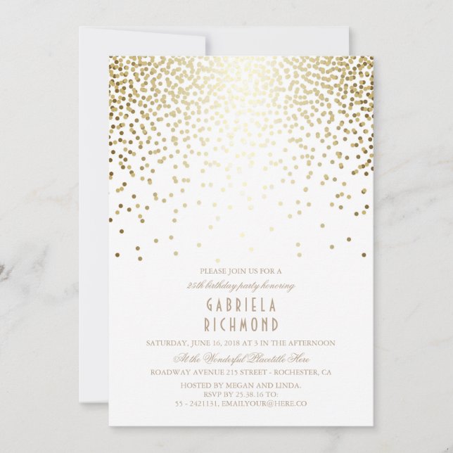 Gold Confetti Elegant Vintage White Birthday Party Invitation (Front)