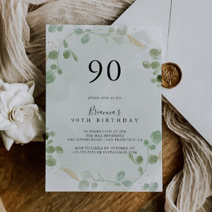 Gold Confetti Eucalyptus 90th Birthday Party Invitation