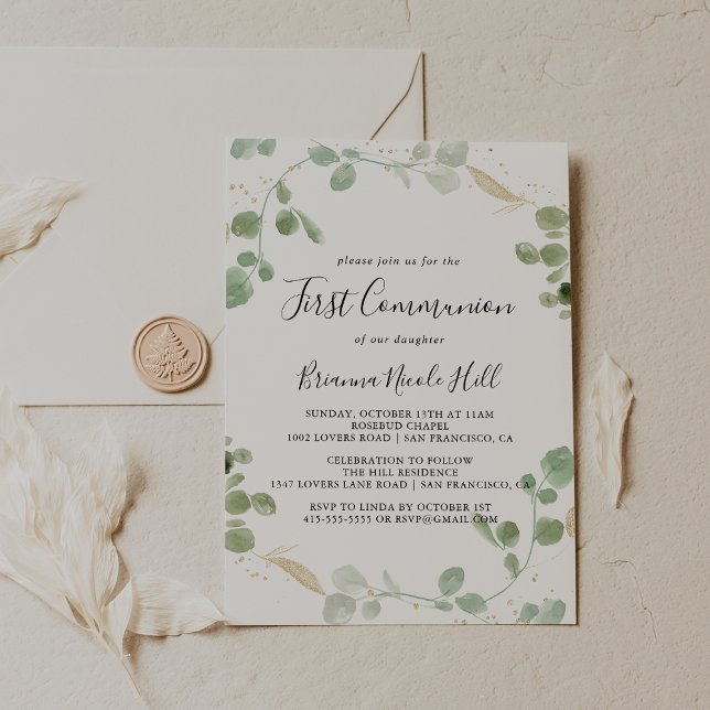 Gold Confetti Eucalyptus Foliage First Communion  Invitation (Creator Uploaded)