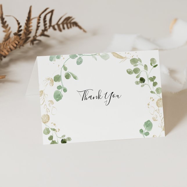 Gold Confetti Eucalyptus Foliage Folded Wedding  Thank You Card (Creator Uploaded)