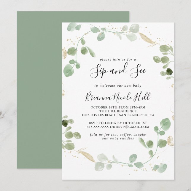 Gold Confetti Eucalyptus Foliage Sip and See  Invitation (Front/Back)