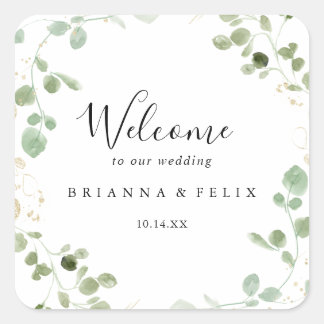 Gold Confetti Eucalyptus Foliage Wedding Welcome  Square Sticker