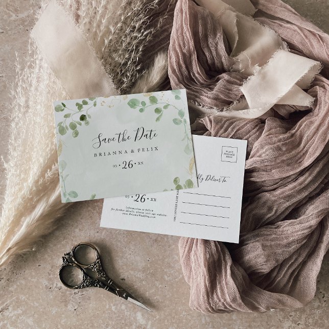 Gold Confetti Eucalyptus Horizontal Save the Date  Postcard (Creator Uploaded)