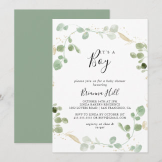 Gold Confetti Eucalyptus It's A Boy Baby Shower Invitation