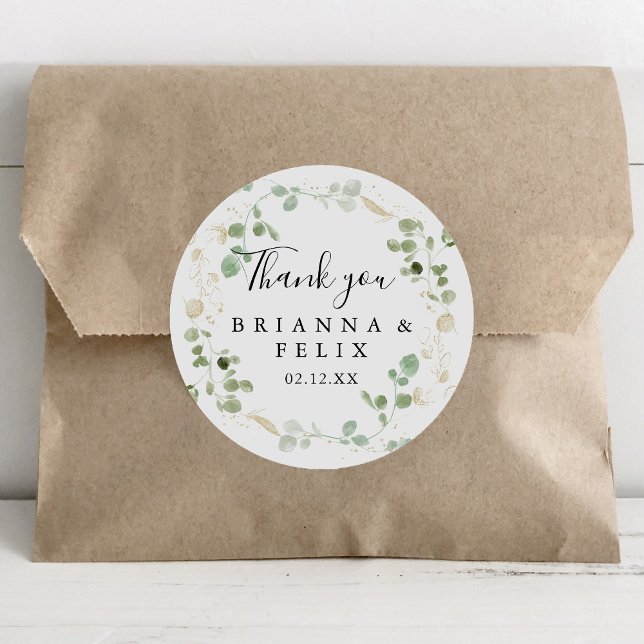 Gold Confetti Eucalyptus Thank You Wedding Favour  Classic Round Sticker (Creator Uploaded)