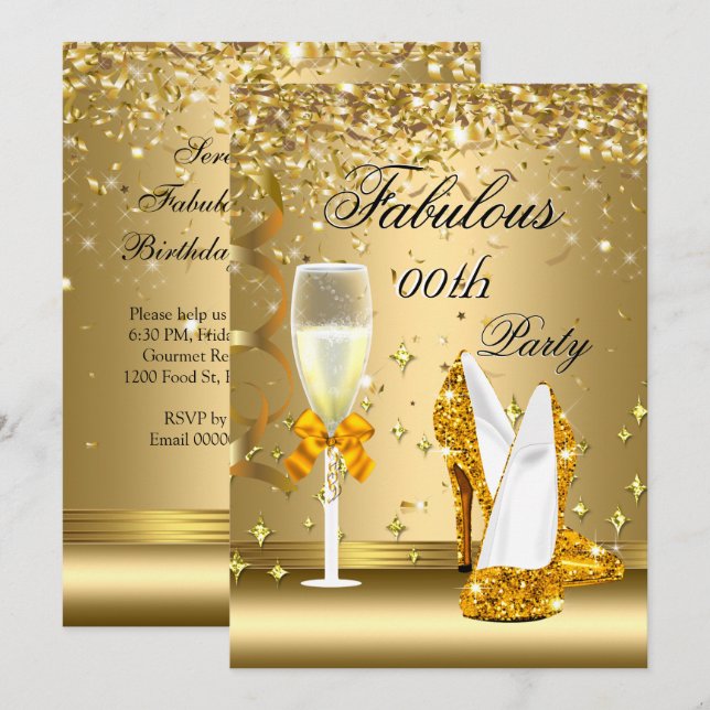 Gold Confetti Fabulous Champagne Heels Birthday Invitation (Front/Back)