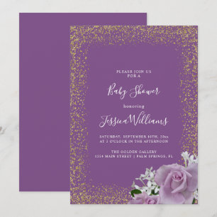 Gold Confetti Framed Lilac Roses Baby Shower Party Invitation