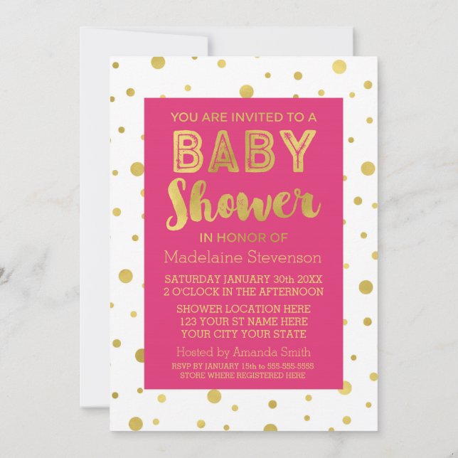 Gold Confetti Fuchsia Invitation Baby shower rose (Dos)