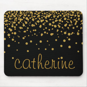 Gold Confetti Glitter Black Faux Foil Glittery Mouse Pad