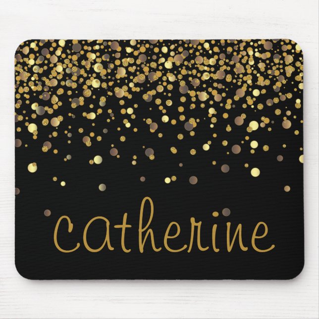 Gold Confetti Glitter Black Faux Foil Glittery Mouse Pad (Front)