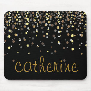 Gold Confetti Glitter Black Faux Foil Glittery Mouse Pad