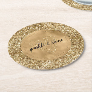 Gold Confetti Glitter Heart Round Paper Coaster